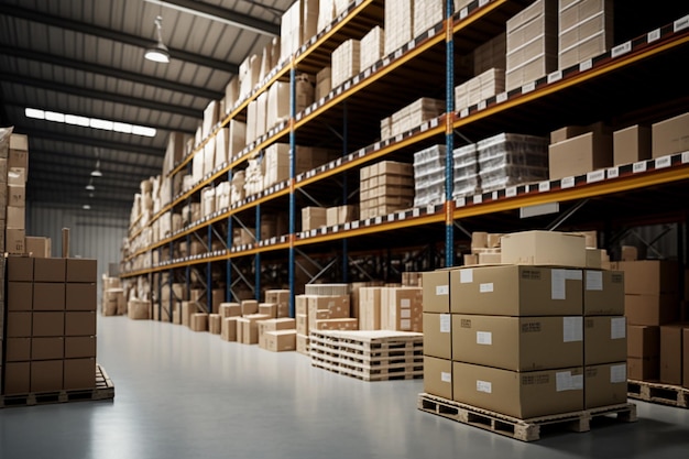 A warehouse with a cardboard box on the floor