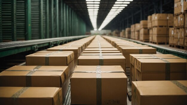 Warehouse with cardboard boxes inside on pallets racks logistic center Huge large modern warehouse
