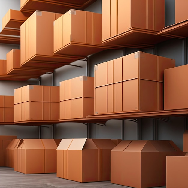 A warehouse with cardboard boxes on the shelves