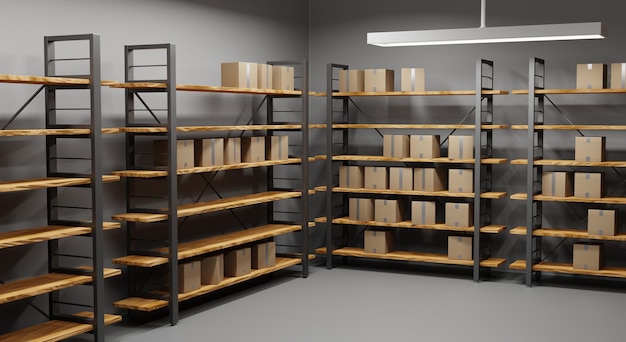 warehouse with cardboard boxes on wooden shelves with metal base realistic illustration storage room interior with goods cargo and parcels on racks storehouse in store garage or market 3d render