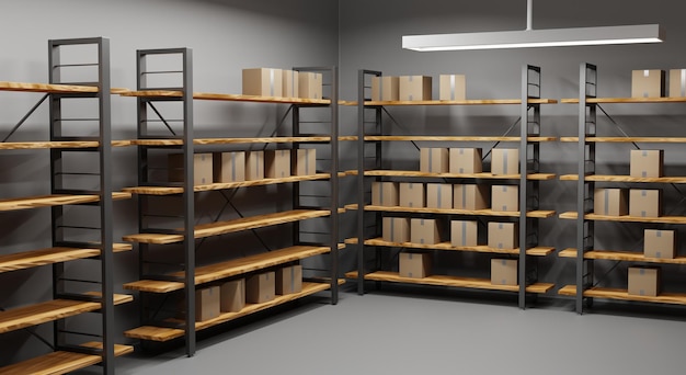 Warehouse with cardboard boxes on wooden shelves with metal base Realistic illustration storage room interior with goods cargo and parcels on racks Storehouse in store garage or market 3d render