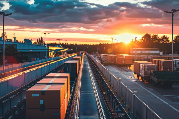 Foto un magazzino con un nastro trasportatore al centro