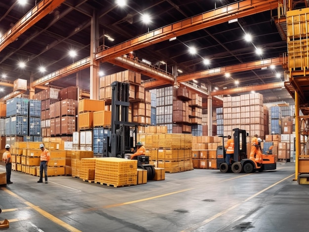 A warehouse with a forklift in the background