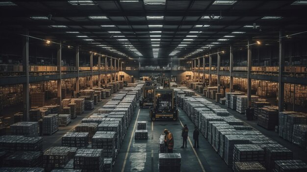 Photo a warehouse with a forklift in the middle and a man in a yellow shirt on the right with a forklift in the background.