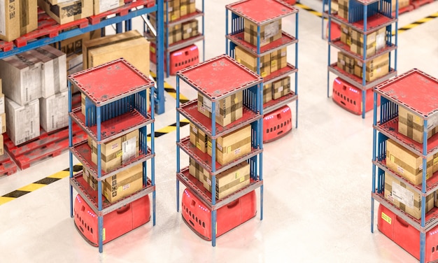 warehouse with goods in boxes and automated means that move the boxes. 3d render. concept of modern industry.