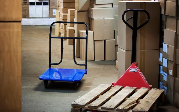 Foto magazzino con merci in scatole e carrelli per il trasporto di merci in primo piano.