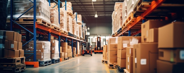 Warehouse with goods in cartons with pallets and forklifts logistics and transportation blurred background product distribution center