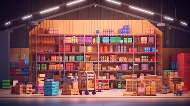 A warehouse with a large shelf with boxes of goods on it.