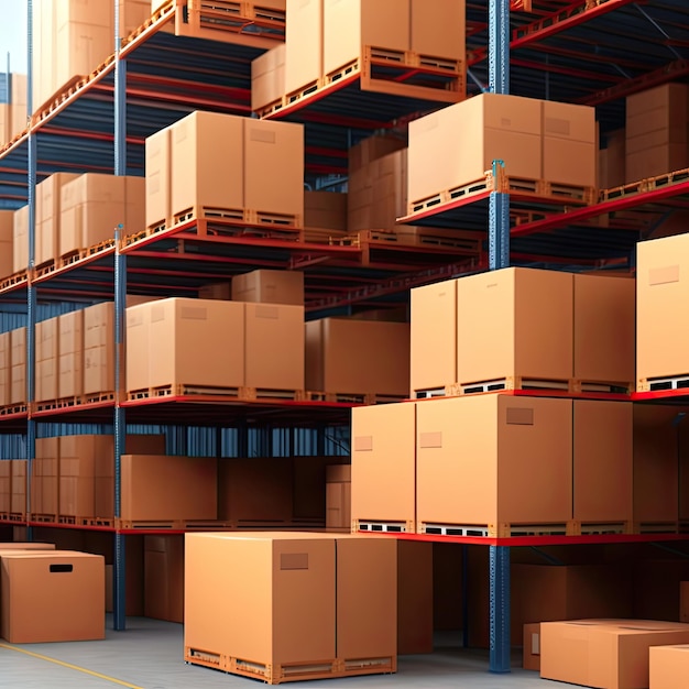 A warehouse with a large stack of boxes on the shelf and floor