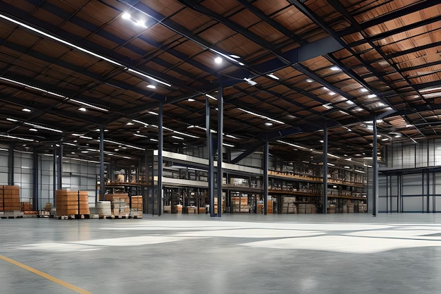 A warehouse with a large warehouse floor and a large number of boxes on the floor.