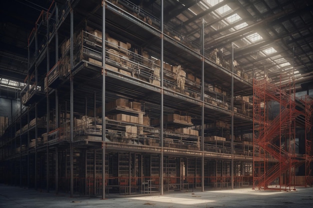 倉庫床が広く、棚にたくさんの箱が並んでいる倉庫。