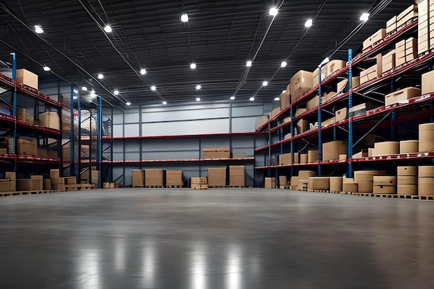 A warehouse with a large warehouse with a large blue shelf with boxes on it.