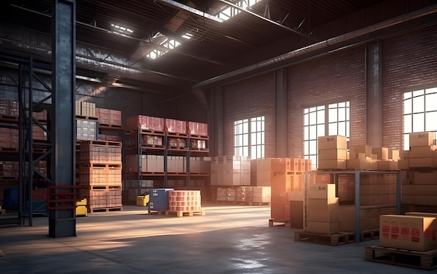 A warehouse with a lot of boxes and boxes in it