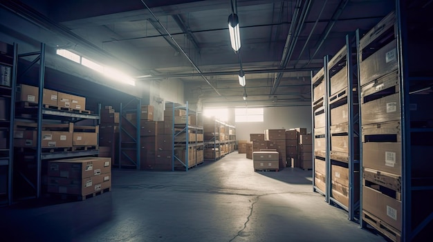 Photo a warehouse with a lot of boxes on the floor