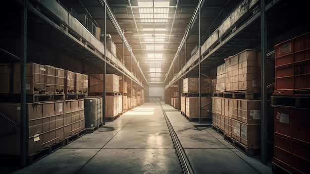 A warehouse with a lot of boxes in it