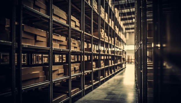 A warehouse with a lot of boxes on the shelves