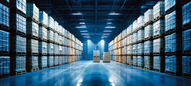 A warehouse with lots of pallets in a blue and white background