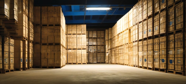 A warehouse with lots of pallets in a blue and white background