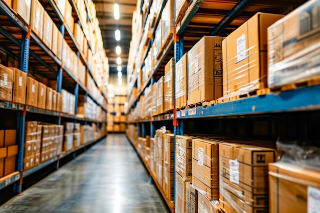 Foto warehouse with many boxes stacked on top of each other all of which are labeled with barcodes