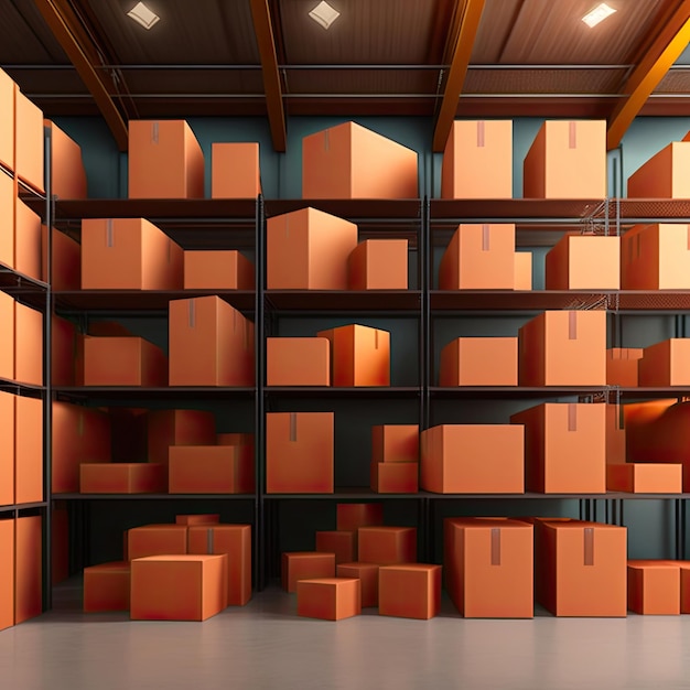 A warehouse with orange boxes on the shelves