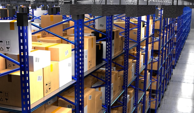 Warehouse with packages on shelves 3D illustration