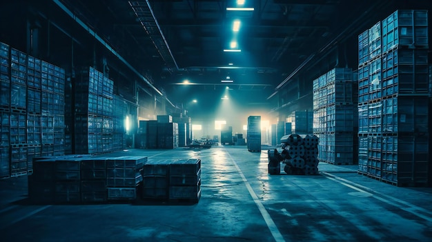 A warehouse with pallets is shown in the background