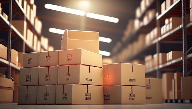 Warehouse with pile of cardboxes