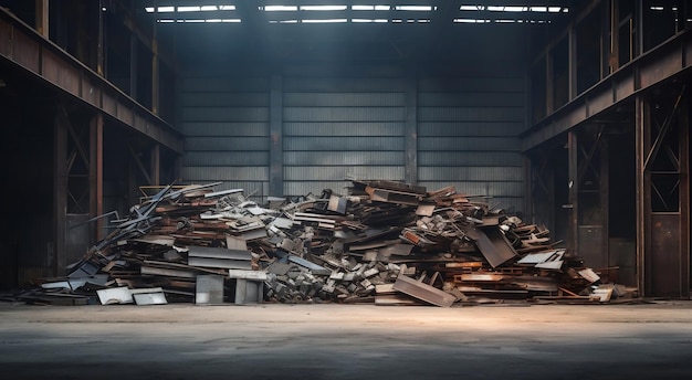 warehouse with piles of scrap metal and trash