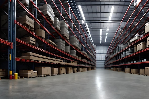 A warehouse with a red metal frame and a white box on the floor.