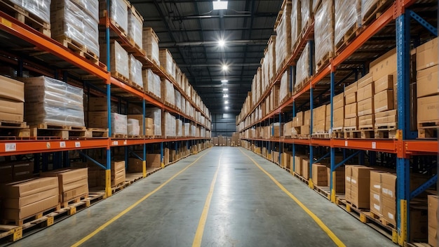 Warehouse with rows of shelves stocked with boxes