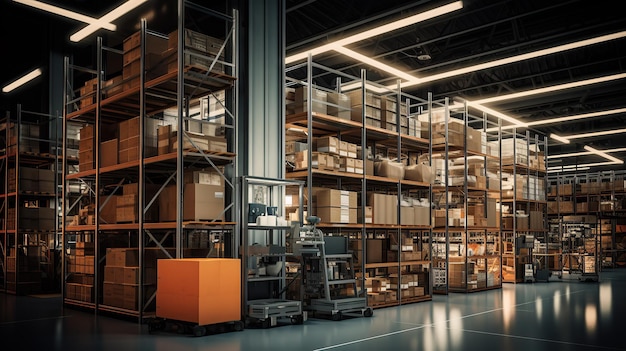 A warehouse with shelves and abundant lighting