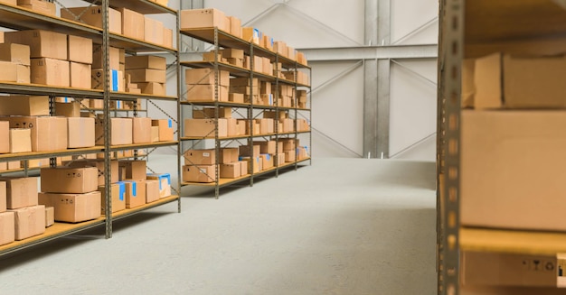 warehouse with shelves and cardboard boxes, Packed courier delivery concept image