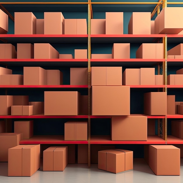 A warehouse with shelves and cardboard boxes