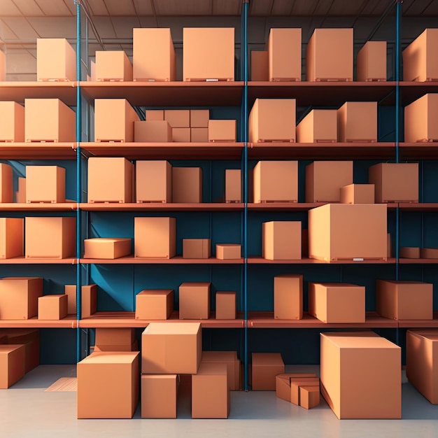 A warehouse with shelves and cardboard boxes