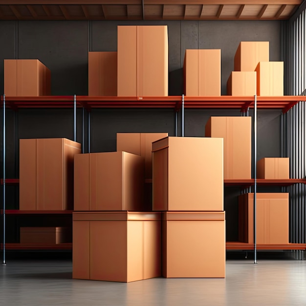 A warehouse with shelves and cardboard boxes