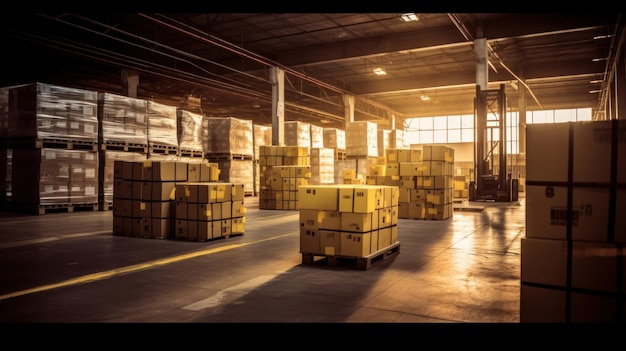 a warehouse with stacks of boxes and one with the word " hard " on the bottom.