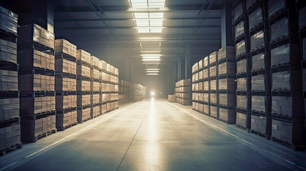 A warehouse with stacks of bricks in the middle