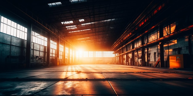 Photo a warehouse with a sunset in the background