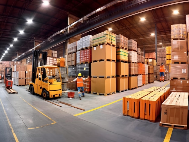 A warehouse with a yellow forklift and a man in a yellow hard hat