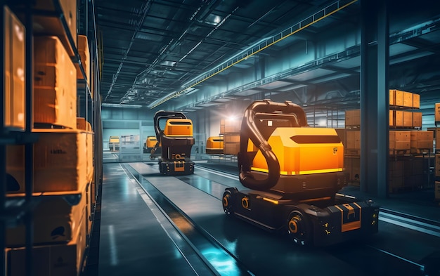 A warehouse with a yellow robot on the floor and a yellow robot on the right.