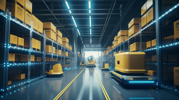 Photo a warehouse with a yellow truck and a blue truck with a white box on the floor.