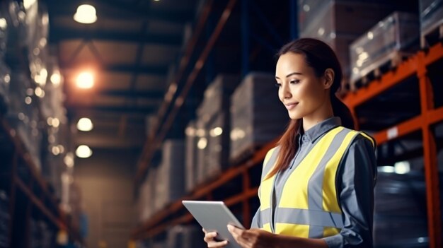 Warehouse woman wearing a hardhat standing cargo