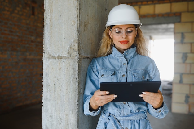 Warehouse woman worker. Woman builder in hardhat. Girl engineer or architect. Home renovation. Quality inspector. Construction job occupation. Construction worker. Lady at construction site.