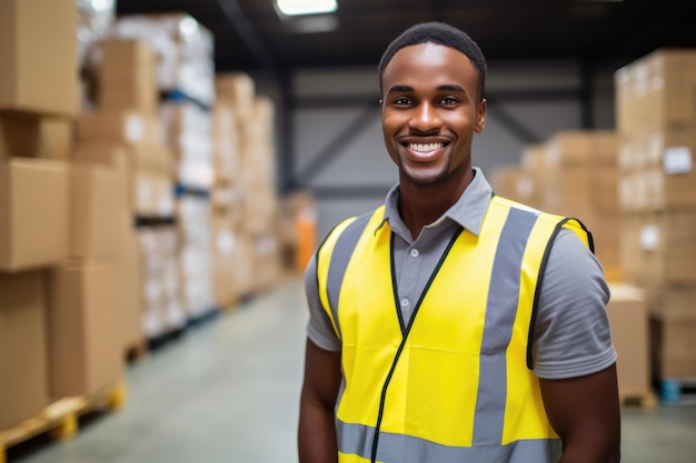 Photo warehouse worker in bright yellow uniform