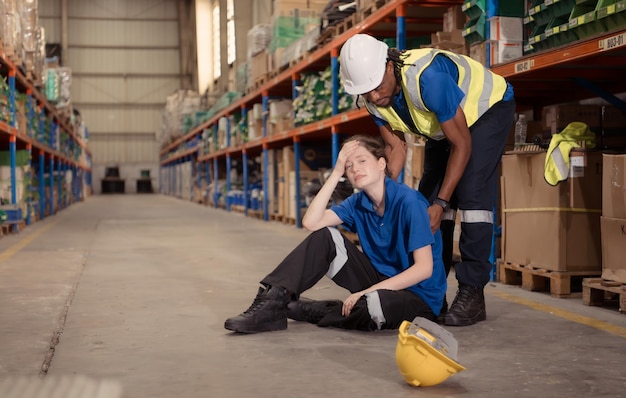 Photo a warehouse worker consoles and helps a female worker who cries out in pain after a leg accident in a large warehouse