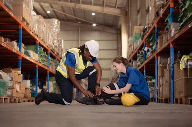 A warehouse worker consoles and helps a female worker who cries out in pain after a leg accident