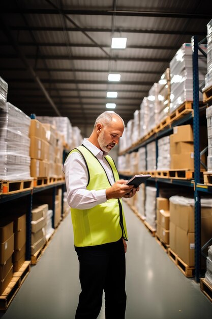 Warehouse worker expertly organizing and categorizing documents in the warehouse a middleaged man