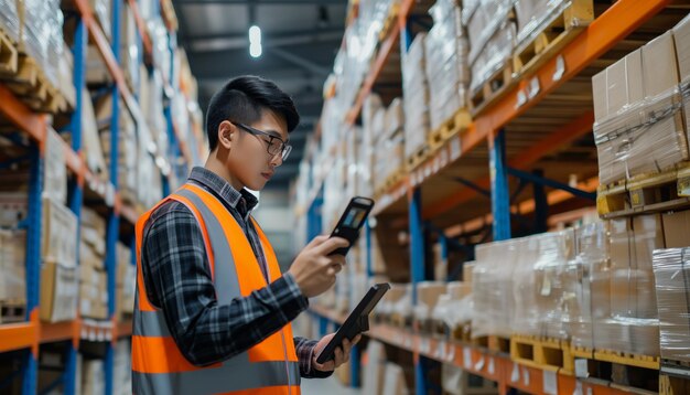 Photo warehouse worker inspecting inventory with digital tablet inventory management and control concept