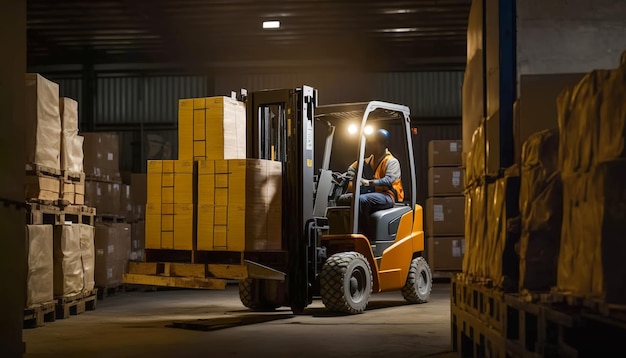 Warehouse worker moving boxes with a large industrial forklift Generative AI