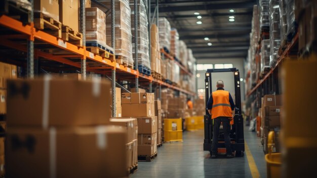 Photo warehouse worker operating forklift checking stock and preparing products for shipment